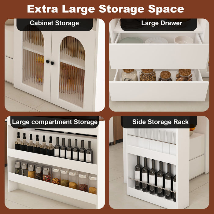 Retro Kitchen Island Set With Chairs, Extendable & Rotating Table, 4 Drawers & Door Cabinets