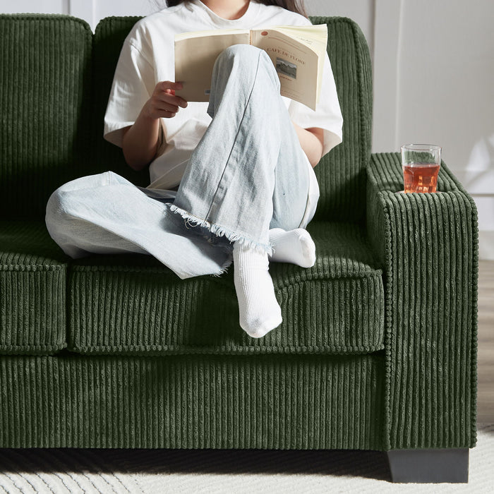 Modern Corduroy Fabric Sofa, 3 Seater Compressed Couch With Cup Holders