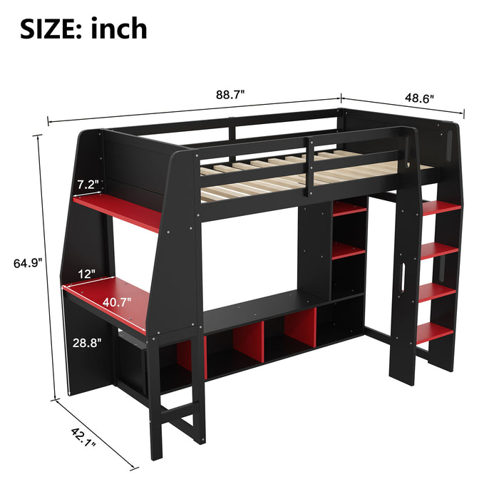 Gaming Loft Bed With Desk, Multi Storage Shelves, LED Lighting, And Hanging Clothes Rack