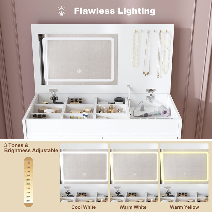 Flip Top Vanity Desk With LED Mirror & Outlet Makeup Table With 2 Drawers, Open Storage, And Jewelry Hooks - White