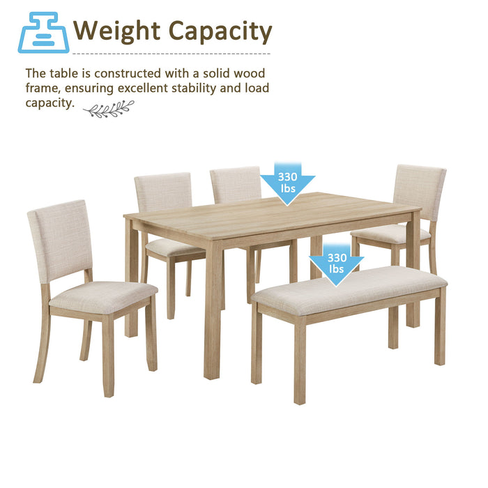 6 Piece Dining Table Set With Bench - Beige / Light Oak