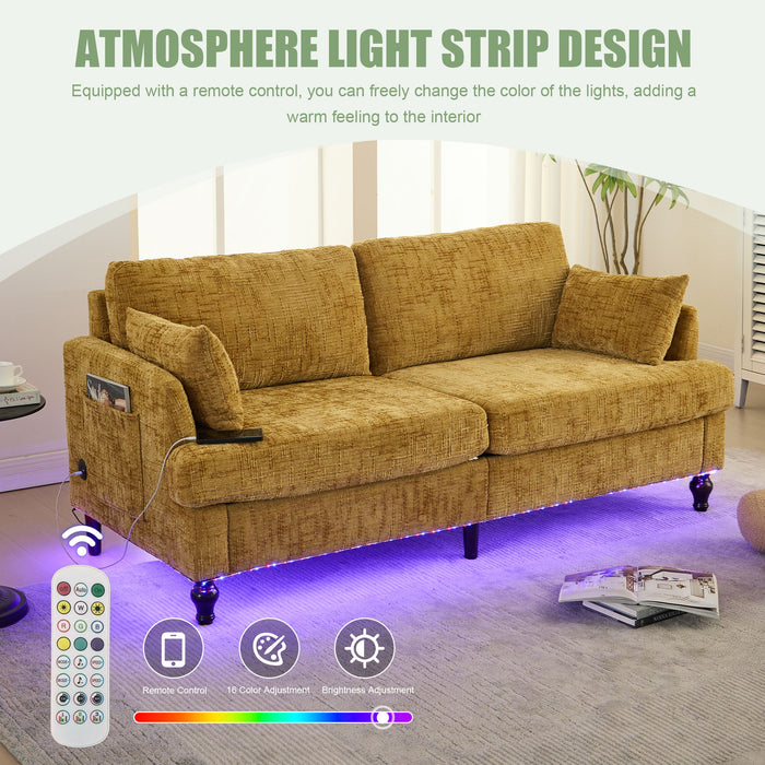 Chenille 2 Seater Sofa With LED Light, USB Charging Port, And Storage Bag