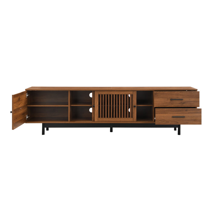 TV Stand, Media Console With 2 Drawers, Soft Closing Hinges, Adjustable Shelves, Slatted Design - Walnut