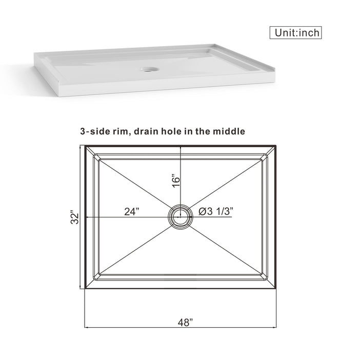 Shower Base Anti Slip Center Drain Single Threshold 32" X 48" - White