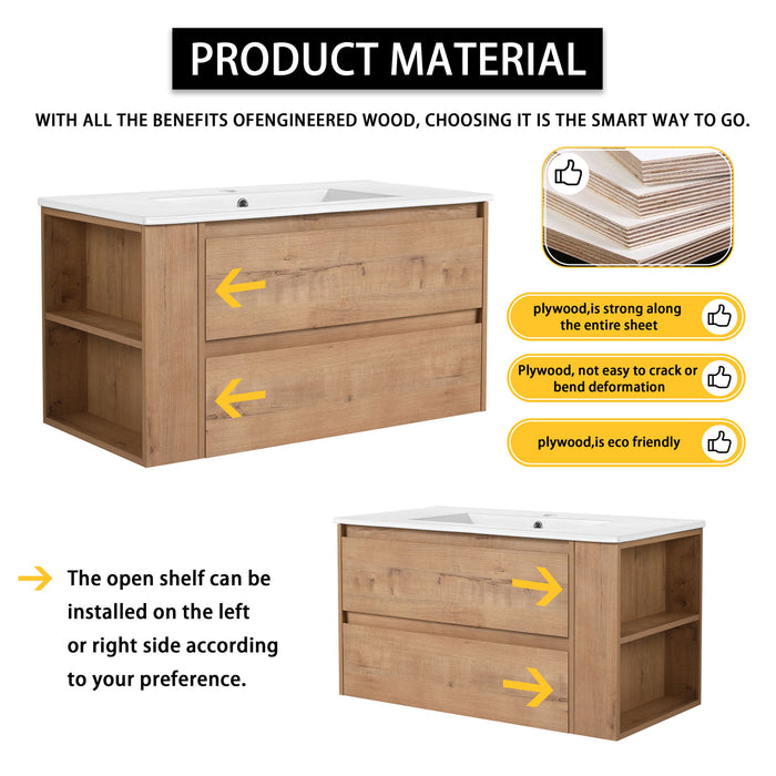 Modern Wall Mounted Bathroom Vanity With Ceramic Sink And Storage Rack, 2 Soft Close Drawers