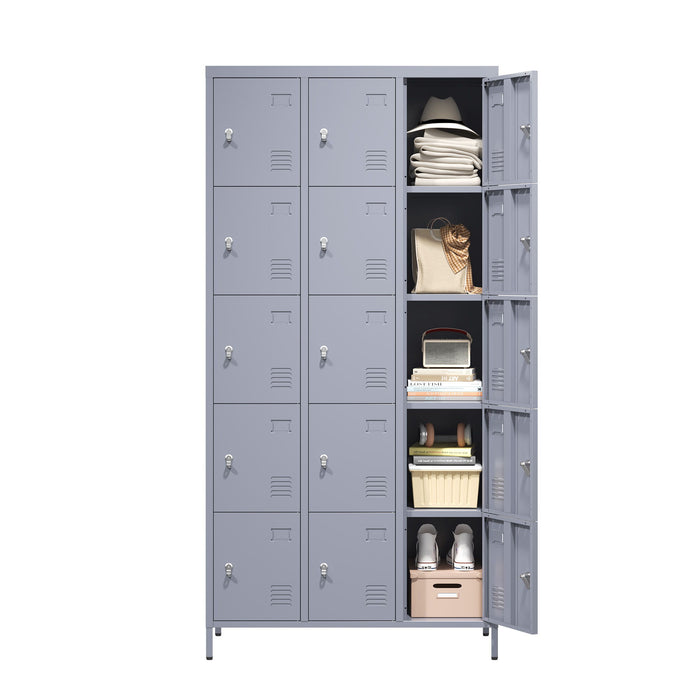 15 Door Lockers With Lock For Storage In Home, Gym, Office, And School - Gray