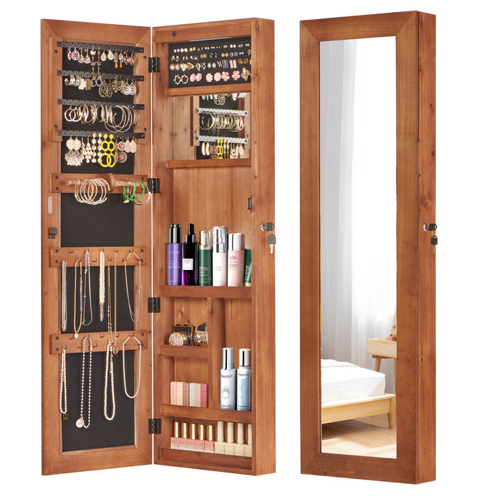 Jewelry Armoire Organizer With Full Length Mirror, Wall Mounted Lockable Cabinet With LED Light