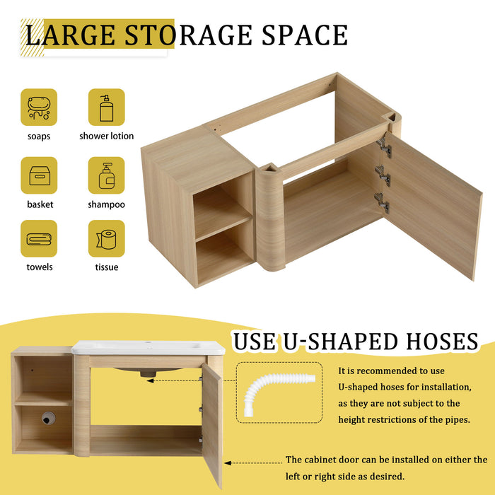 Wall Mounted Bathroom Vanity & Sink, Storage Shelves & Soft Close Door