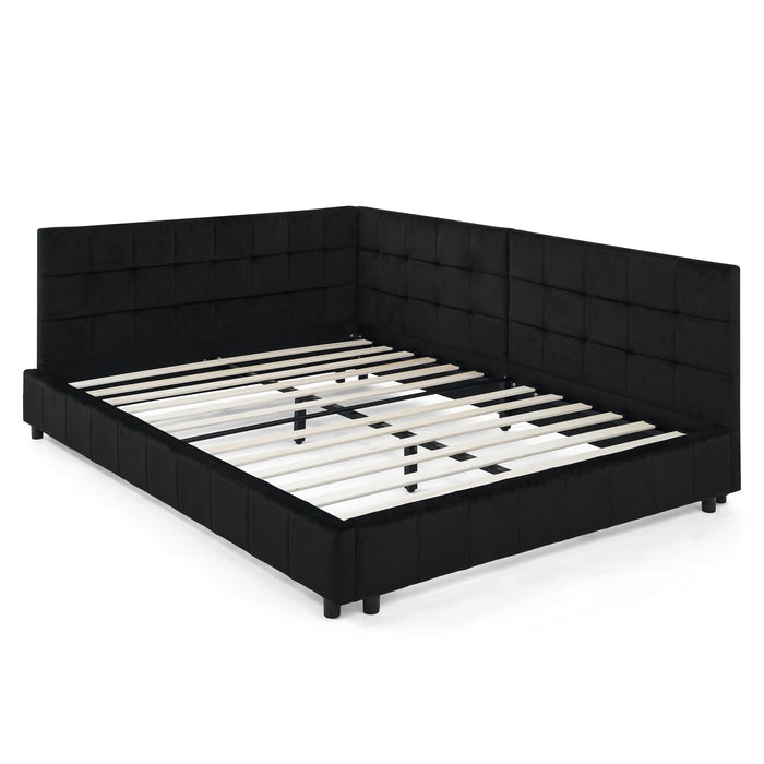 Mid-Century Storage Upholstered Tufted Bed Frame With Backrest And Armrests