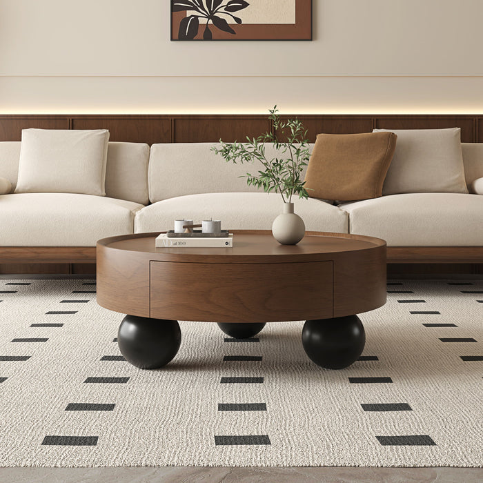 Round Coffee Table With Storage Drawer And Ball Feet - Walnut / Black