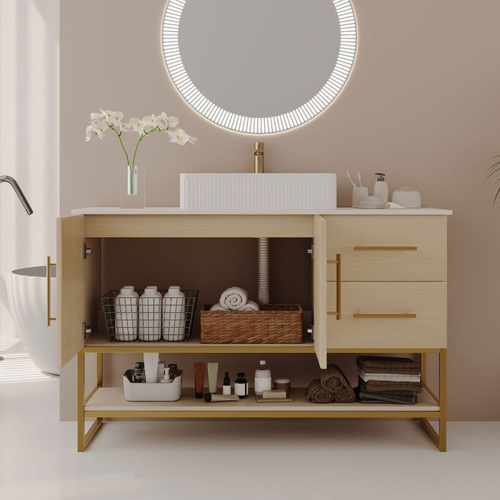 Bathroom Vanity With Vessel Sink Accent Free Standing Cabinet - Ameican White Oak / Gold / White