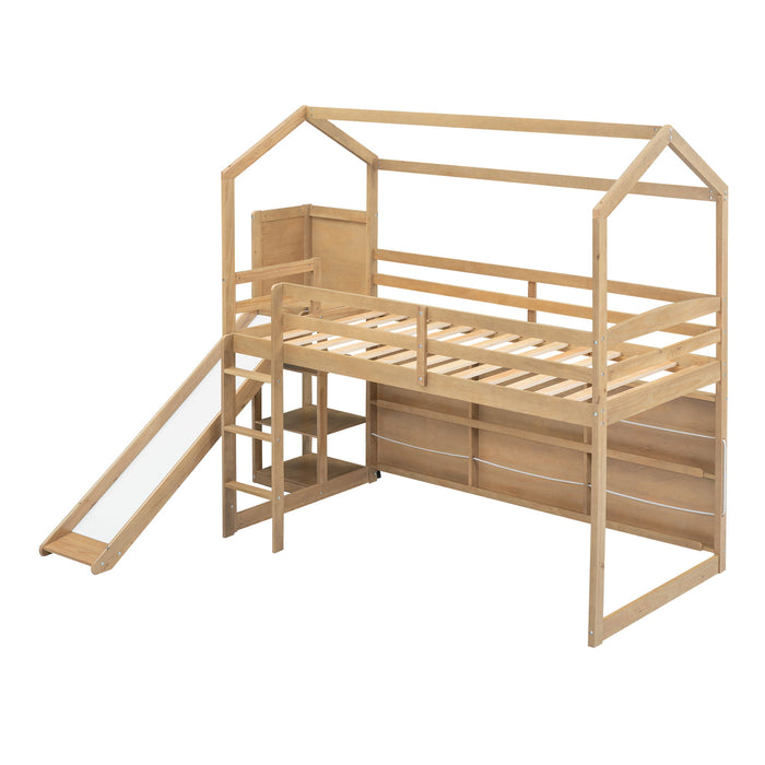 House Loft Bed With Slide, Storage Shelves And Light, Climbing Ramp