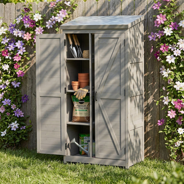 Outdoor Storage Shed With Vertical Tool Cabinet For Backyard