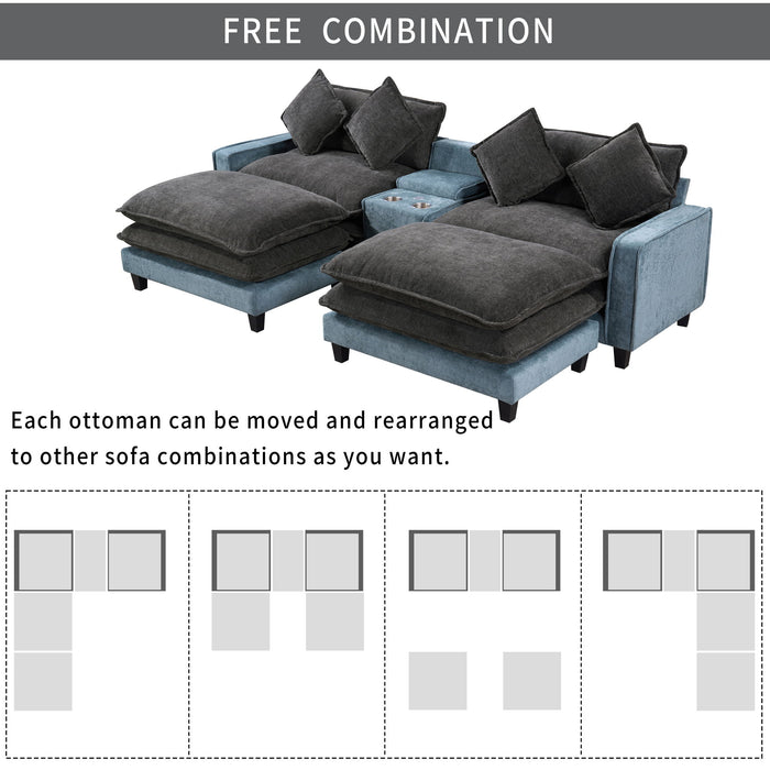 Sectional Sofa With Removable Ottomans, USB Ports, Cup Holders & Storage - Gray / Light Blue