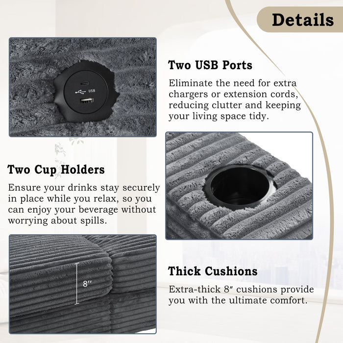 Oversized Loveseat Chaise With 2 USB Ports, 2 Cup Holders And 2 Throw Pillows