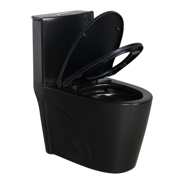 1.1 / 1.60 Gpf Dual Flush 1 Piece Toilet, Water Saving Elongated Comfort Height Floor Mounted, Soft Close Seat, 1000 Gram Map Flushing Score Toilet - Matte Black