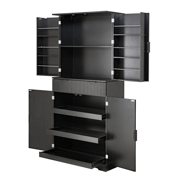 Fluted Kitchen Pantry Cabinet With 3 Keyboard Drawers & 6 Adjustable Door Shelves