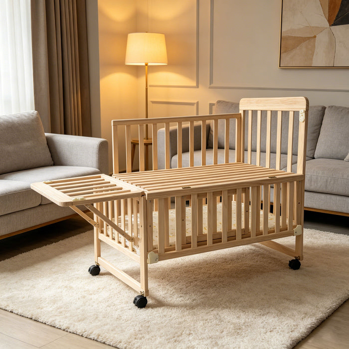 Portable Mini Baby Crib 5 In 1 Convertible With Foldable Storage - Natural Wood