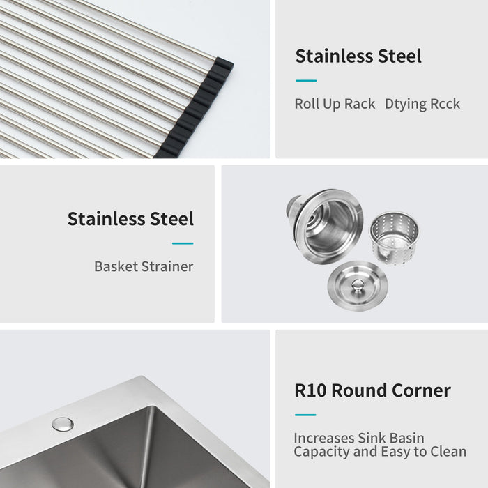 Kitchen Sink Drop In, Stainless Steel Single Bowl, Topmount