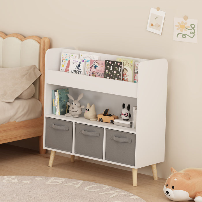 Bookshelf With 3 Bins, Storage Shelf For Toys And Books - White