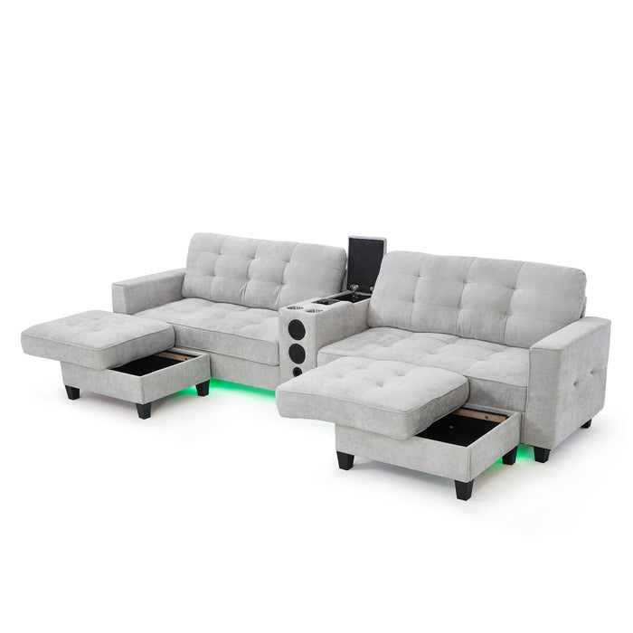 Modern Sectional Sofa U-Shaped With Movable Ottomans, Bluetooth Speakers, LED Lights And Modular Storage