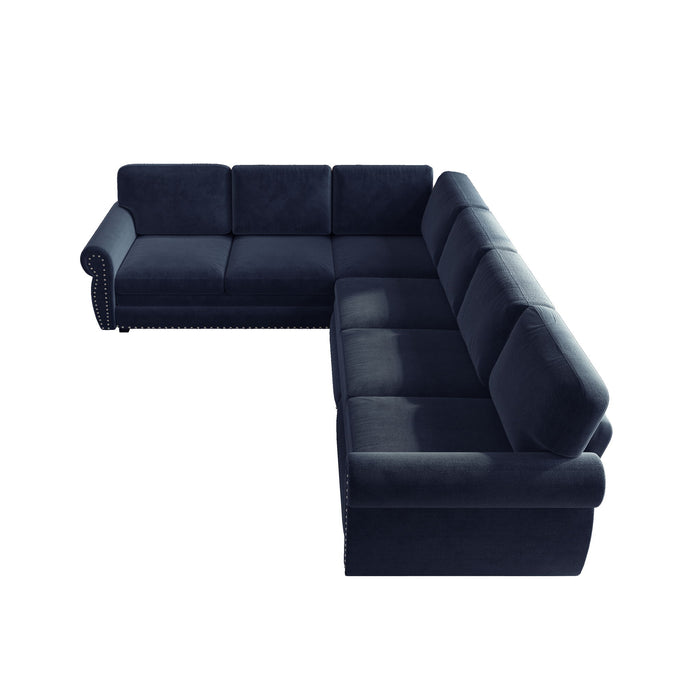 L-Shaped Sofa Couch With Pull Out Bed With Nailhead Trim & Rolled Arm