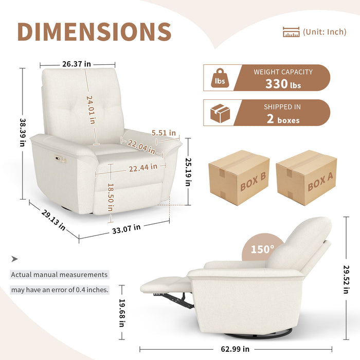 270° Power Swivel Rocker Recliner Chair With Phone Holder, Electric Glider Reclining Sofa With USB Ports For Living Room Bedroom - Beige