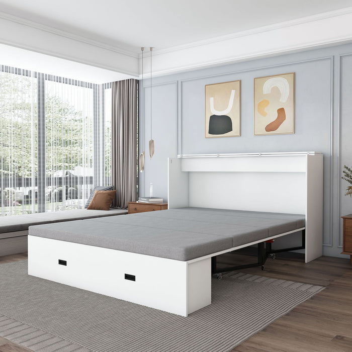 Murphy Bed With Storage Drawers And Charging Cabinet, Foldable Panels, Swivel Wheels