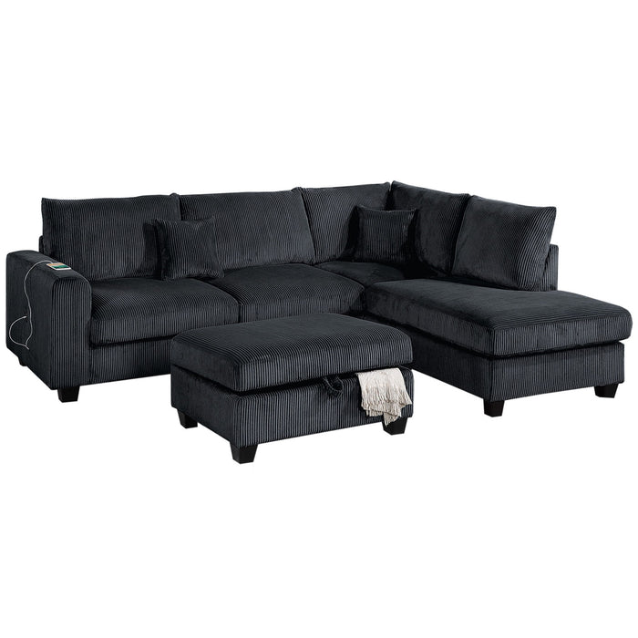 Modern Style Sectional Set With USB Port, Storage Ottoman