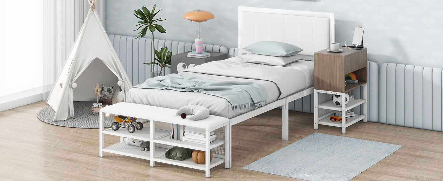 Platform Bed With 2 Tier Storage Shelves, Storage Cabinet