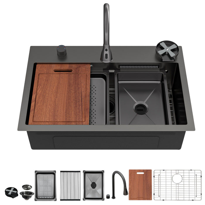 Drop In Waterfall Kitchen Sink With Pull Out Faucet & Cup Washer