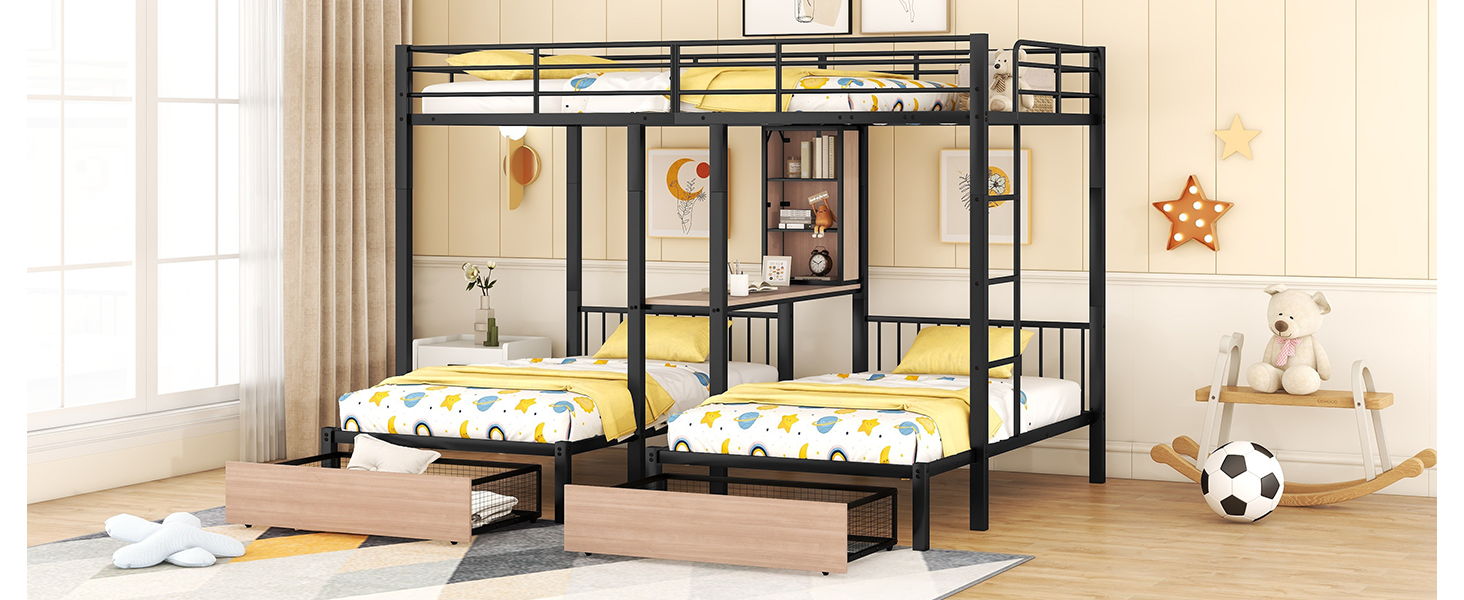 Triple Bunk Bed With Drawers, Multi-Functional Frame With Desks And Shelves In The Middle
