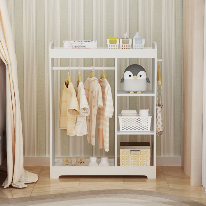 Dress Up Storage With Mirror And Hooks, Clothes Rack With Hanging Rod, 3 Side Hooks, Open Shelves, Top Shelf Organizer - White