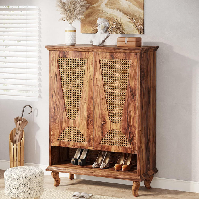 Shoe Cabinet With 5 Tier Freestanding Organizer, Ventilated Doors - Natural Wood