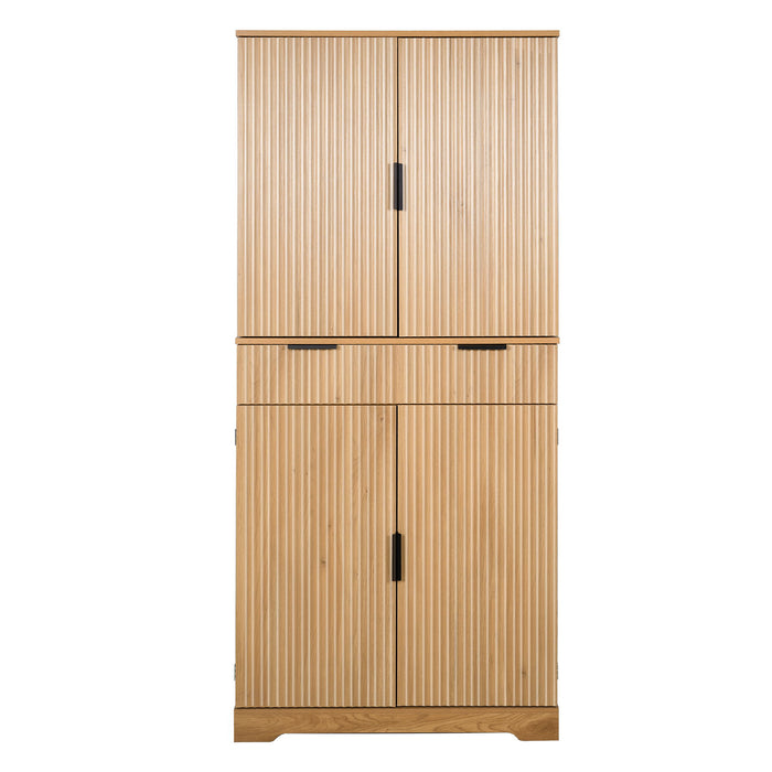 Fluted Kitchen Pantry Cabinet With 3 Keyboard Drawers & 6 Door Shelves Adjustable
