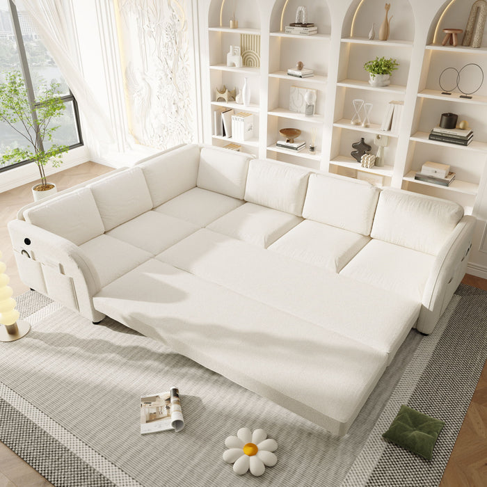 L-Shaped Couch With Pull-Out Bed, Convertible Sleeper Sofa With Side Pocket & USB Port