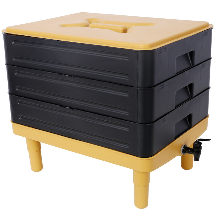 Durable 3 Tray Worm Farm Kit For Efficient Vermicomposting, 65L Capacity - Yellow / Black
