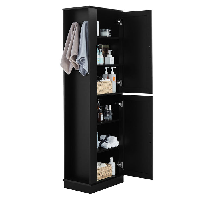 Tall Freestanding Bathroom Storage Cabinet With Adjustable Shelves And Side Hooks