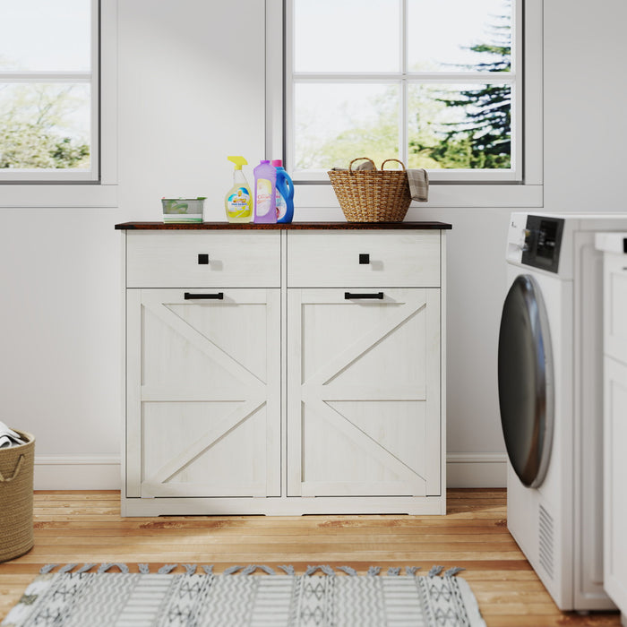 Double Tilt Out Trash Cabinet With Hideaway Drawer And Barn Door Style