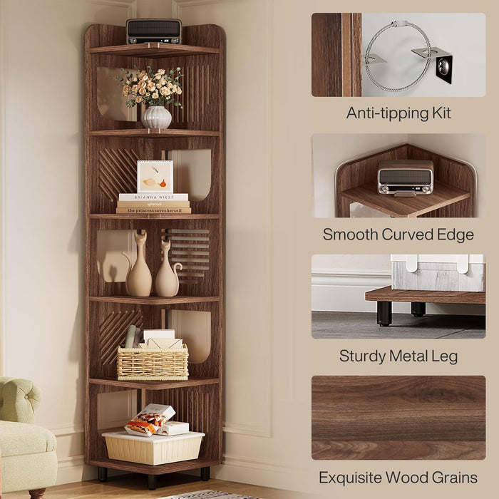 6 Tier Narrow Corner Bookshelf Storage For Living Room - Brown