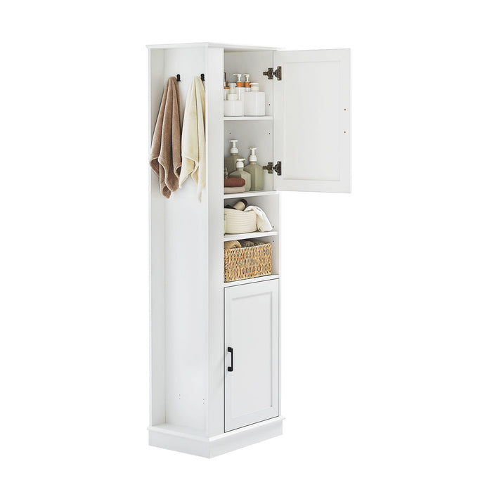 Tall Freestanding Bathroom Storage Cabinet With Adjustable Shelves And Side Hooks Board, Rectangle Design