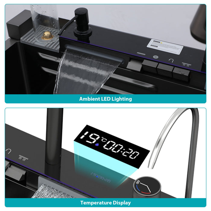 30" Whale Digital Waterfall Sink With LED Display, 16 Gauge Single Bowl Ledge Workstation - Gunmetal Black