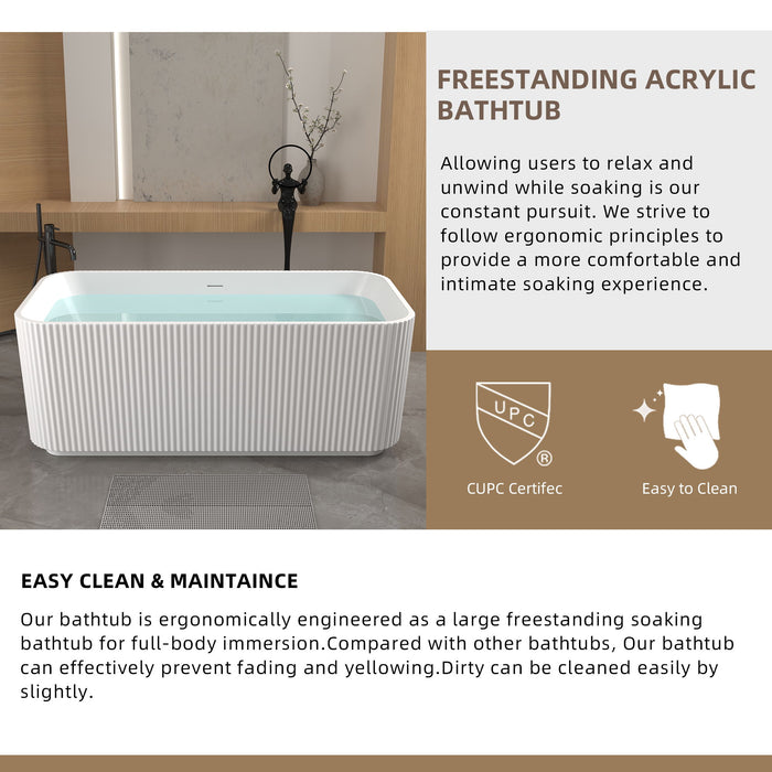 Rectangle Linear Freestanding Soaker Tub With Pop Up Drain, Double Wall Insulated Construction - Gloss White