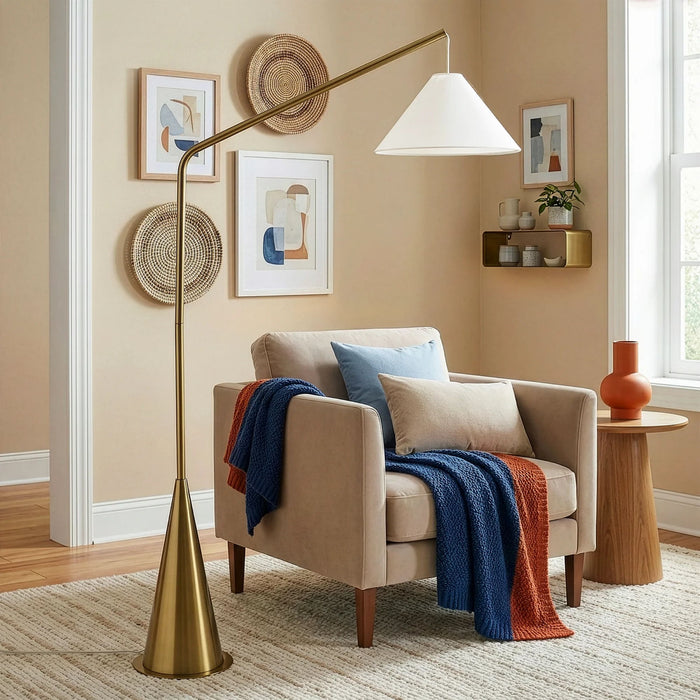 Lisbon - Floor Lamp With On / Off Switch Coned Base Hanging Shade - Antique Brass / White