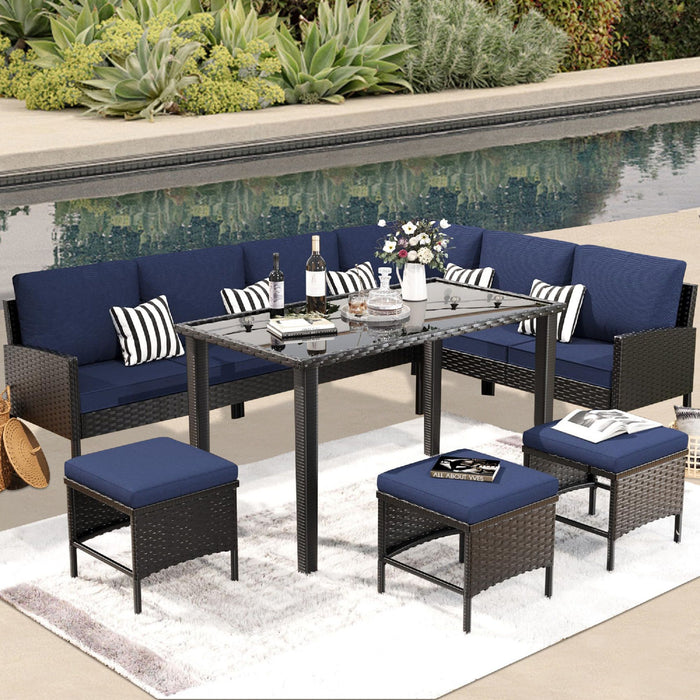 7 Piece Outdoor Furniture Set With Waterproof Cushions, Glass Table, And Space Saving Design - Blue