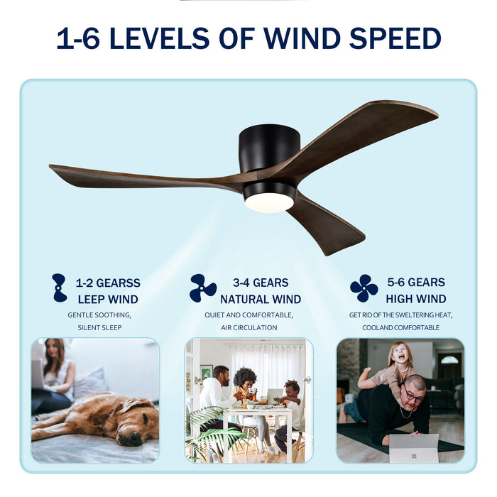 Flush Mount Blades Ceiling Fan With Lights Remote Control, Quiet DC Motor, 6 Speed, Reversible Ceiling Fan For Living Room - Matte Black