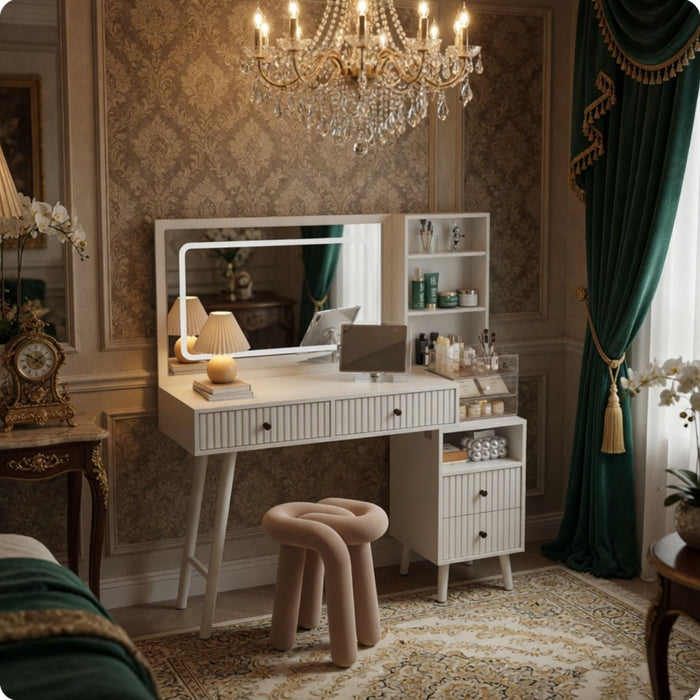 Fluted Vanity Desk With Lighted Mirror & Outlet 4 Drawer, Makeup Table - White