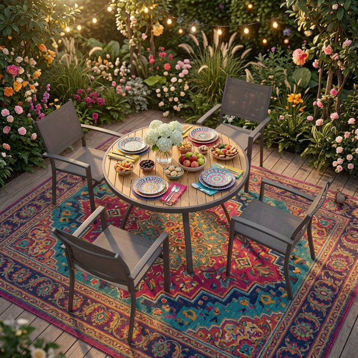 Outdoor Round Patio Table With Slatted Top - Gray
