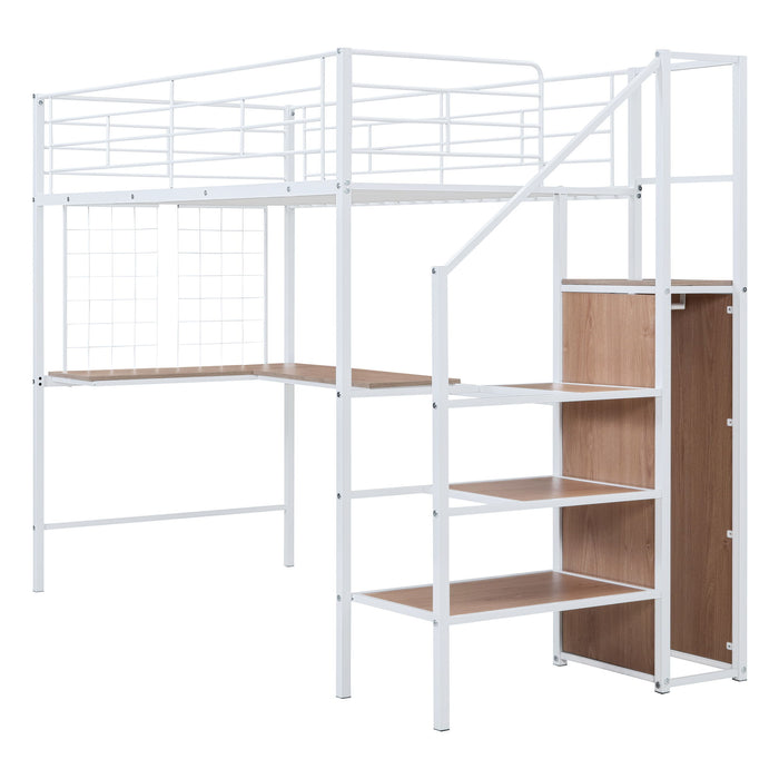 Loft Bed With Desk And Grid, Stylish Frame With Lateral Storage Ladder And Wardrobe