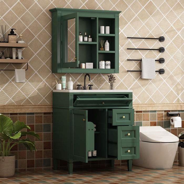 Bathroom Vanity With Top Sink, Storage Cabinet With 2 Drawers And Tip Out Drawer, Freestanding Set With Mirror Cabinet